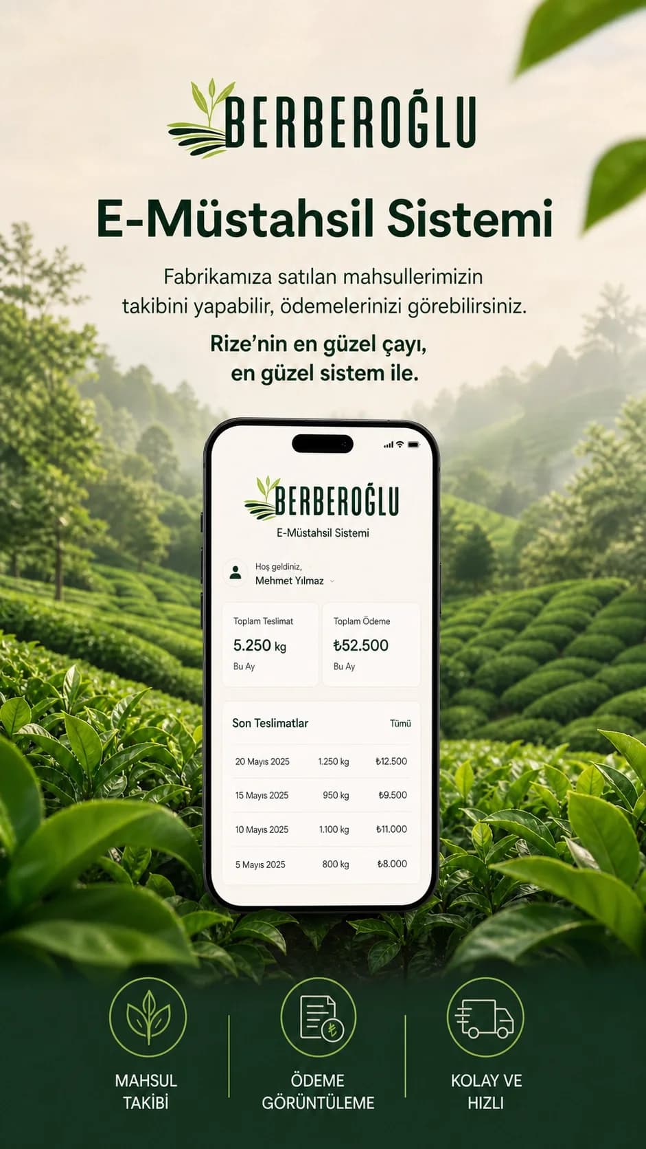 Berberoğlu E-Müstahsil Sistemi — mahsul ve ödeme takibi